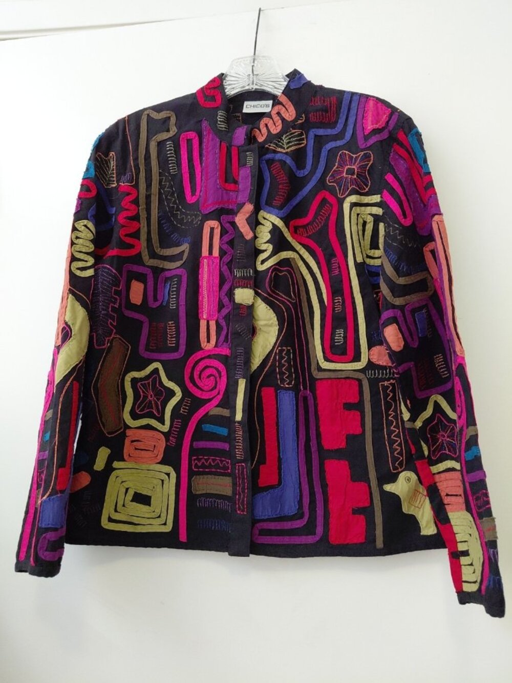 Chicos 0 Vintage Jacket Boho Artsy Embroidered Ribbon Snap Up Colorful Small